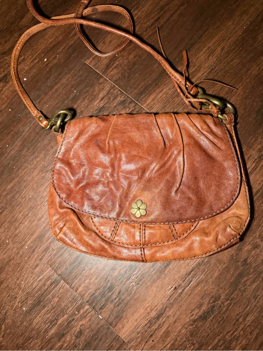 Lucky Brand Brown Leather Crossbody with Floral Stud